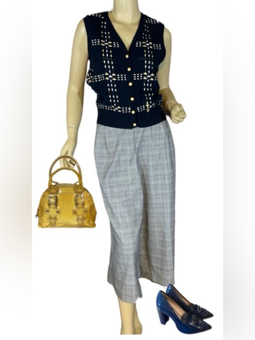 LIZ SPORT BLUE & YELLOW VINTAGE KNIT FRONT & PLAID BACK BUTTON DOWN VEST (SP)